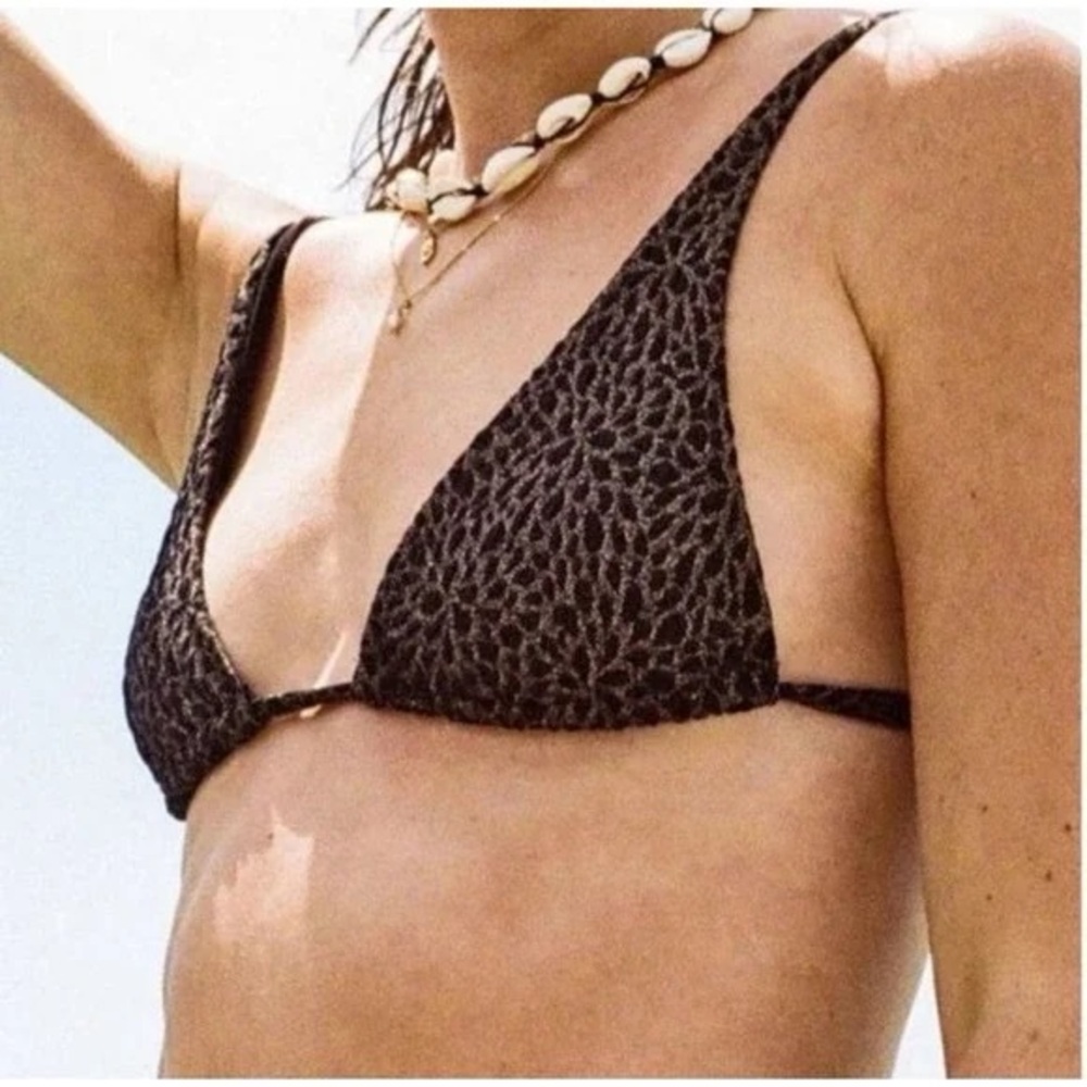 Andie x Demi Moore The Tropez Triangle Bikini Top Size L in Black Gold Jacquard